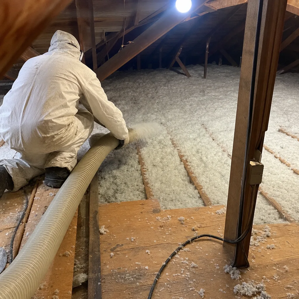 Professional blowing loose-fill fiberglass insulation into an attic space.