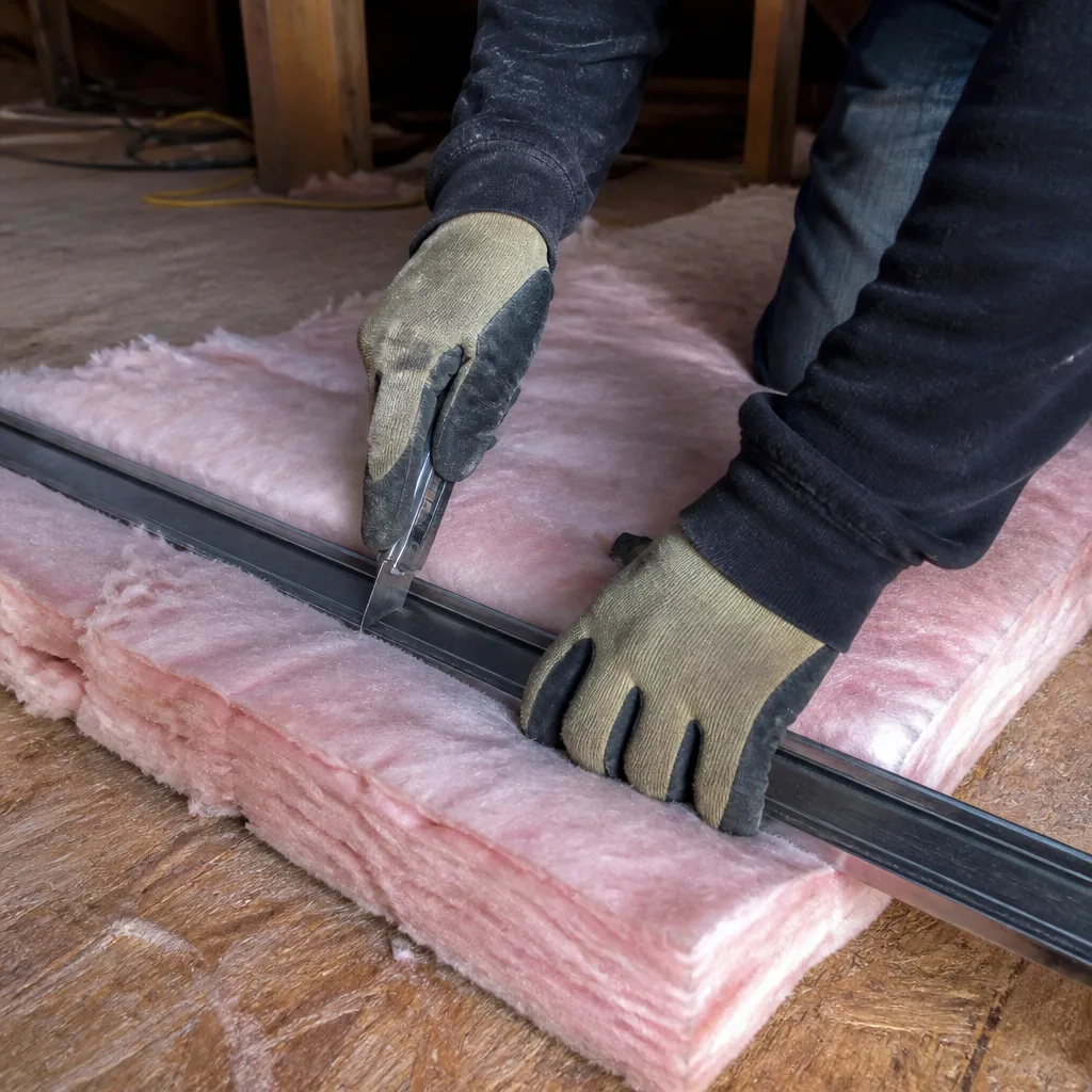 Professional cutting pink fiberglass attic insulation with a utility knife.