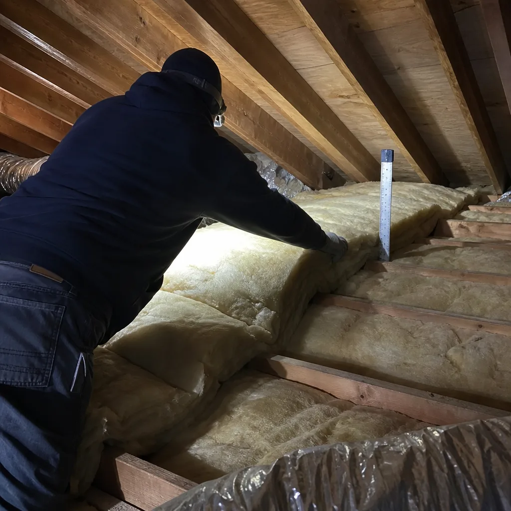 Technician installing fiberglass batt insulation in a residential attic