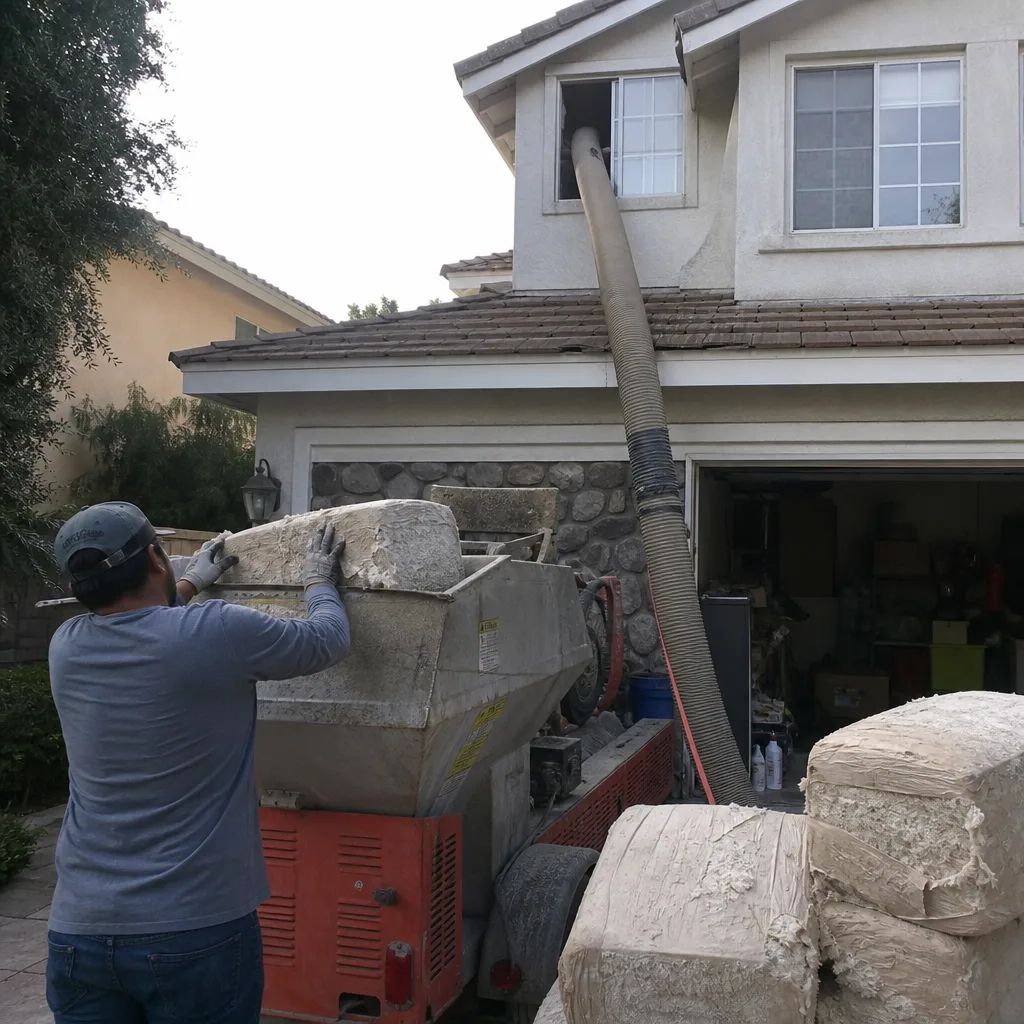 Worker feeding material into a blown-in insulation machine for home energy efficiency