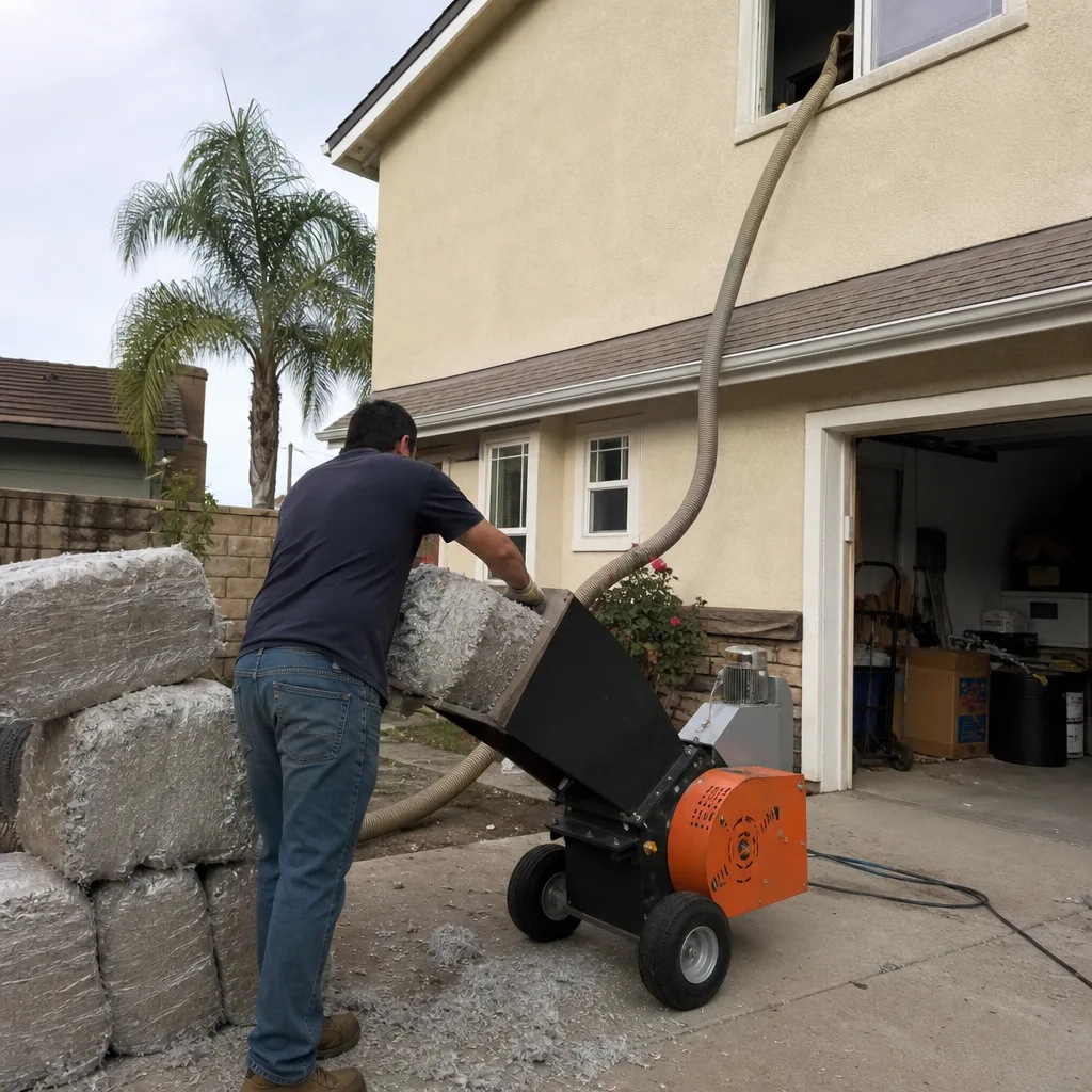 Worker using professional equipment to install blown-in attic insulation
