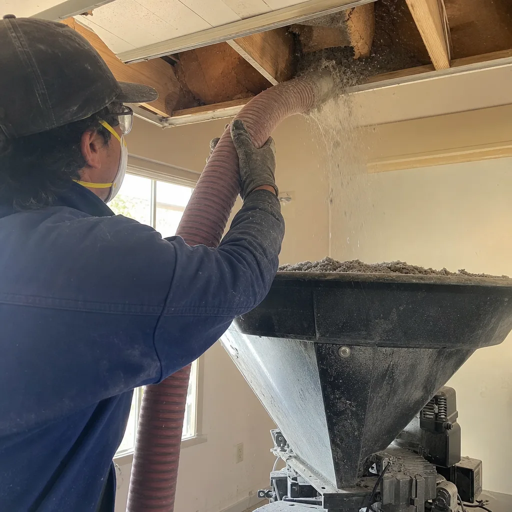Contractor installing blown-in cellulose insulation into a residential ceiling cavity.