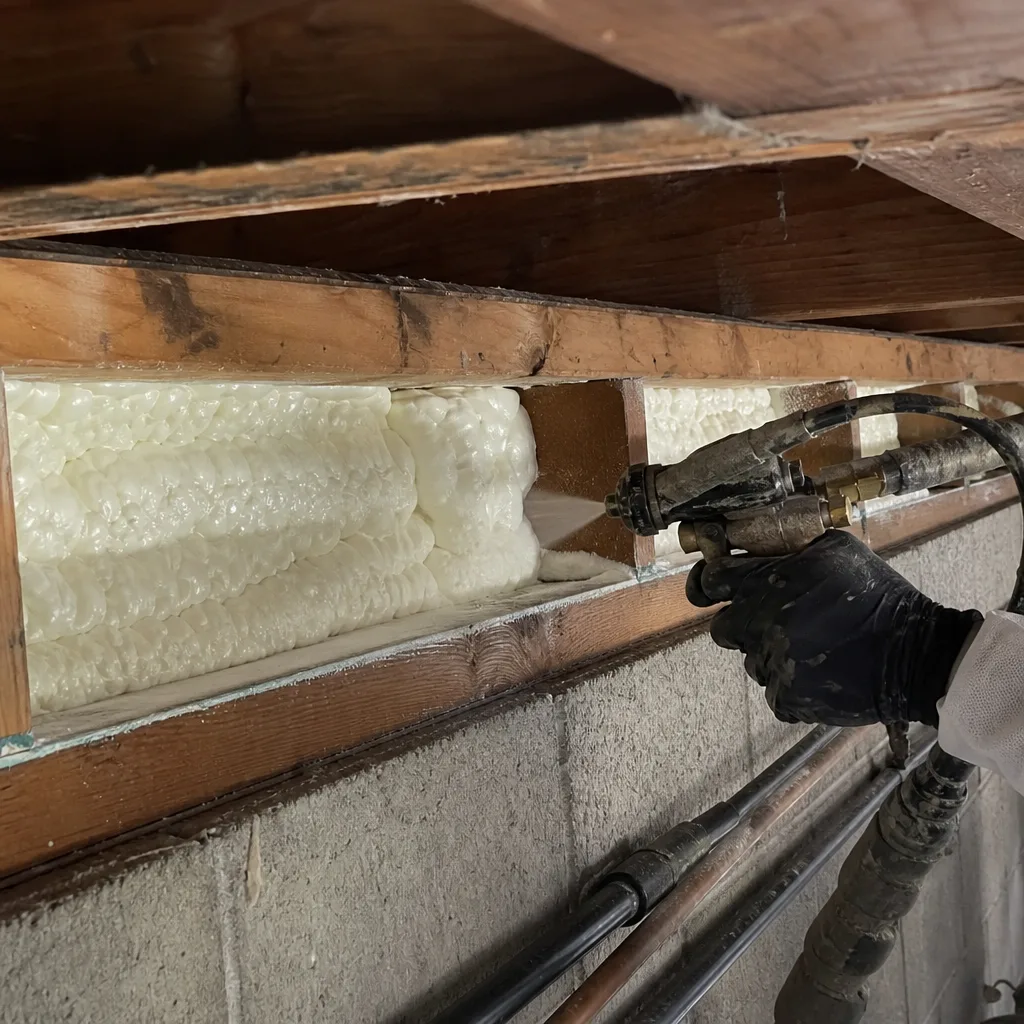 Contractor applying professional spray foam insulation to rim joist