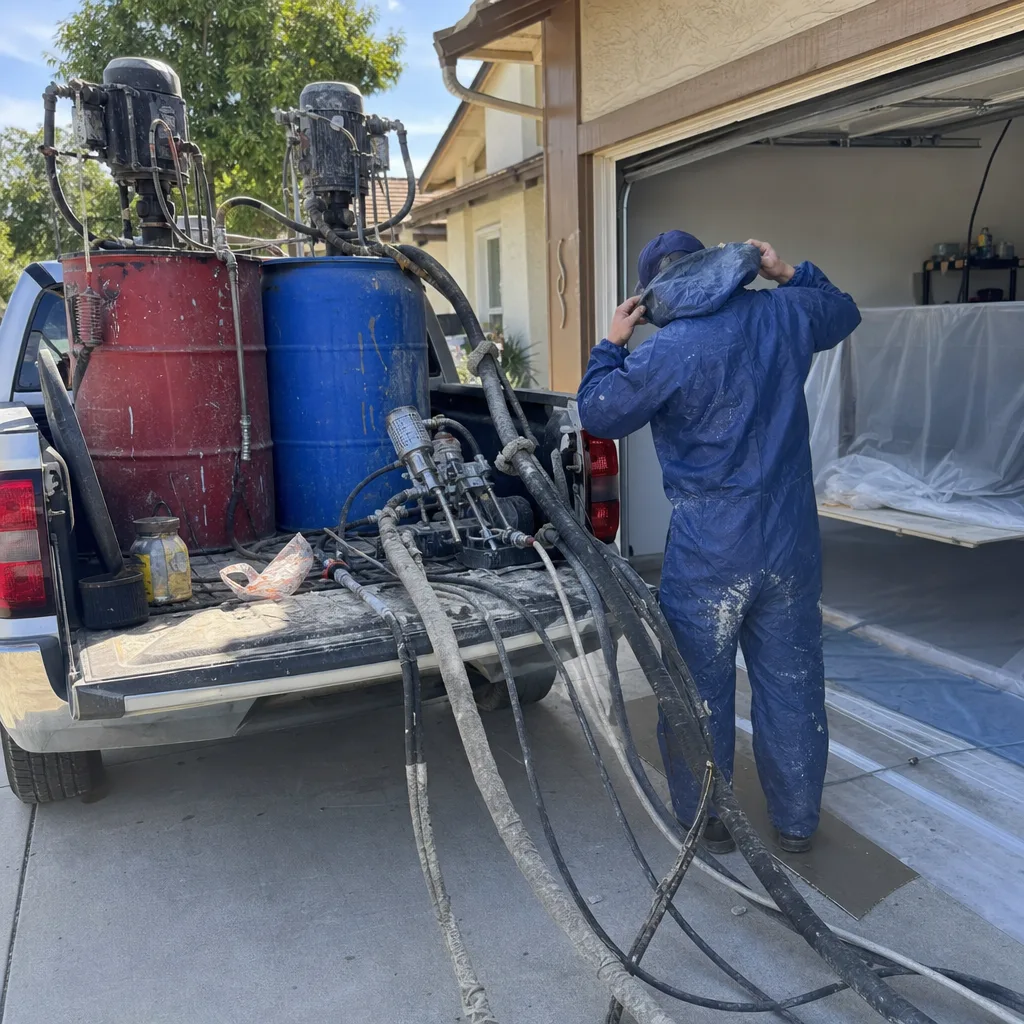 Technician with spray foam insulation equipment on truck