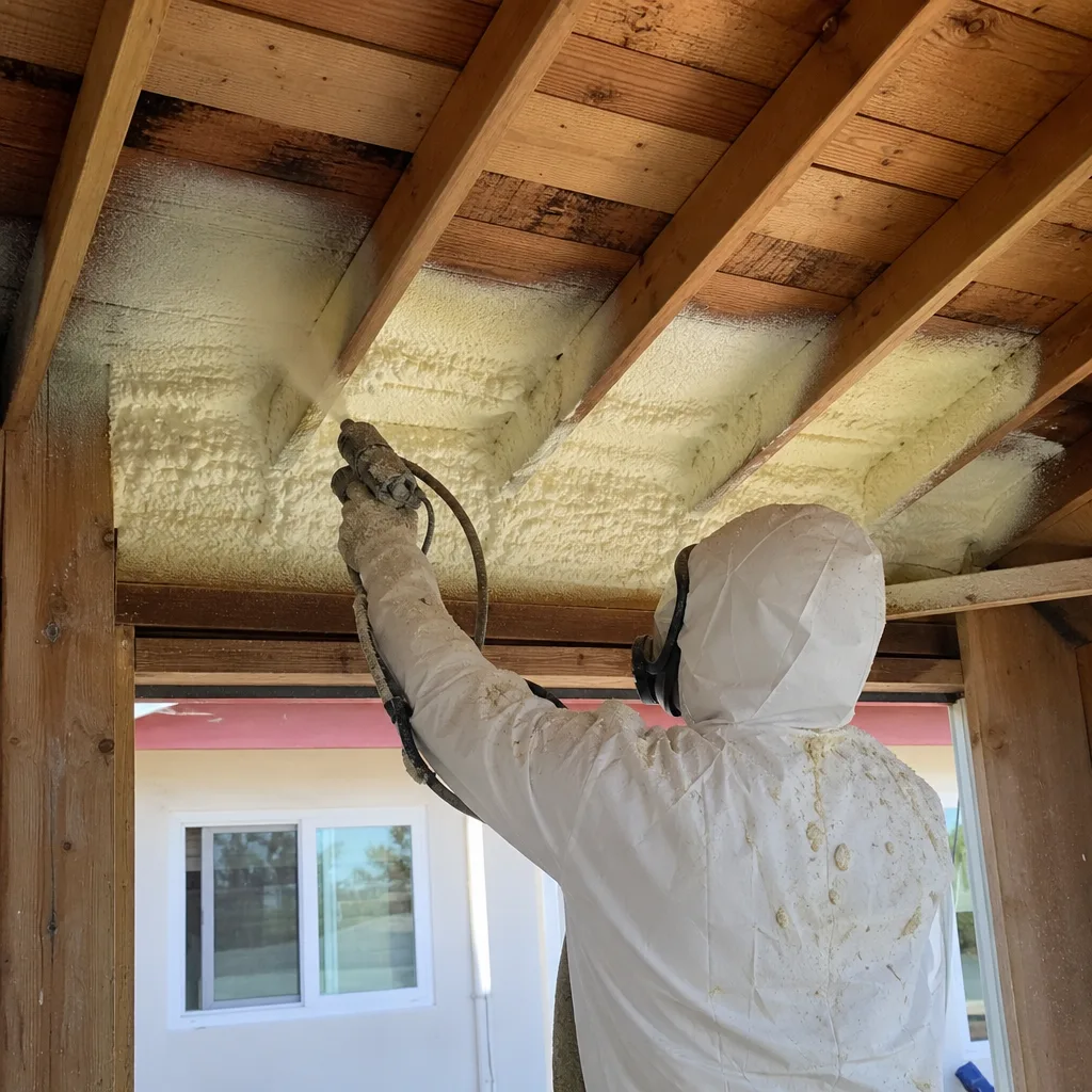 Contractor applying spray foam insulation to a residential ceiling
